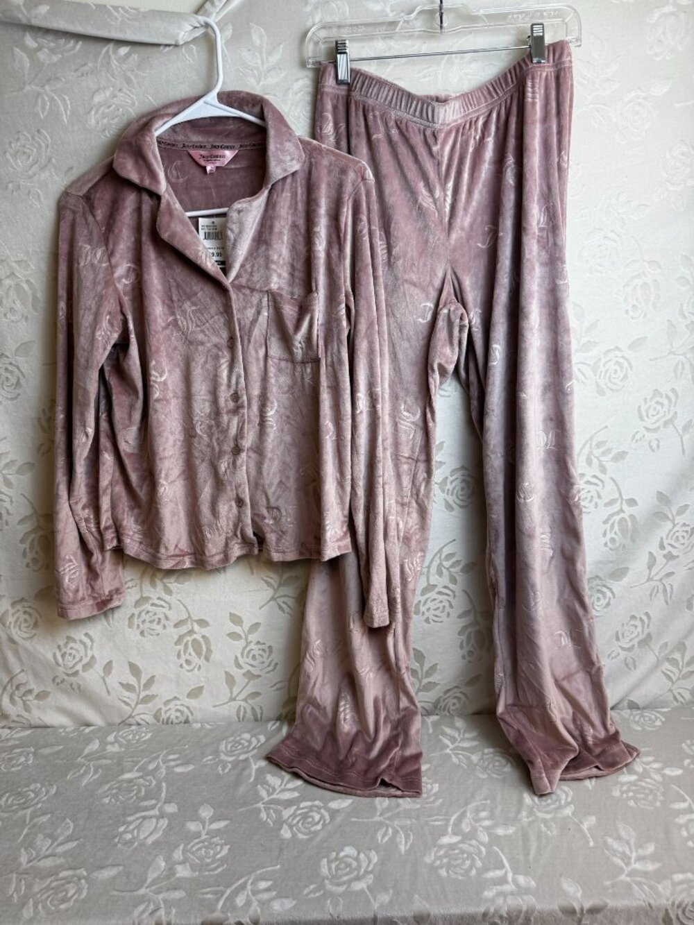 Juicy Couture Crushed Velvet Pajama Set Blush Pink Top & Pants Y2K Comfy NWT